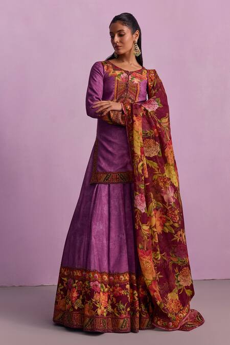 Shop_Kalista_Purple Viscose, Organza Beads, Sehnaaz Gulshan Print And Embellished Lehenga Set _Online_at_Aza_Fashions