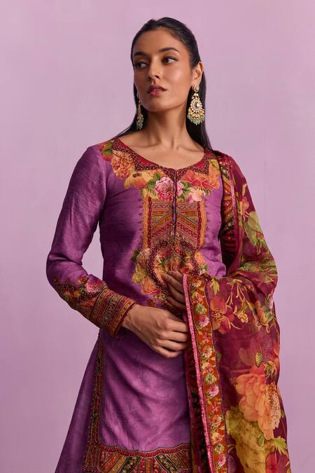 Kalista_Purple Viscose, Organza Beads, Sehnaaz Gulshan Print And Embellished Lehenga Set _at_Aza_Fashions