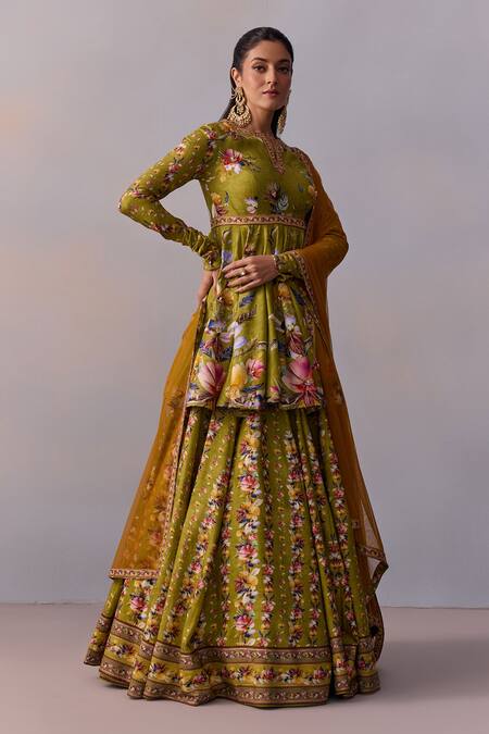 Kalista_Green Tulle, Viscose Cut Work, Beads Taisha Gulbahar Vine Print Lehenga Set _Online_at_Aza_Fashions