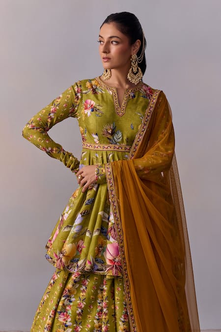 Buy_Kalista_Green Tulle, Viscose Cut Work, Beads Taisha Gulbahar Vine Print Lehenga Set _Online_at_Aza_Fashions
