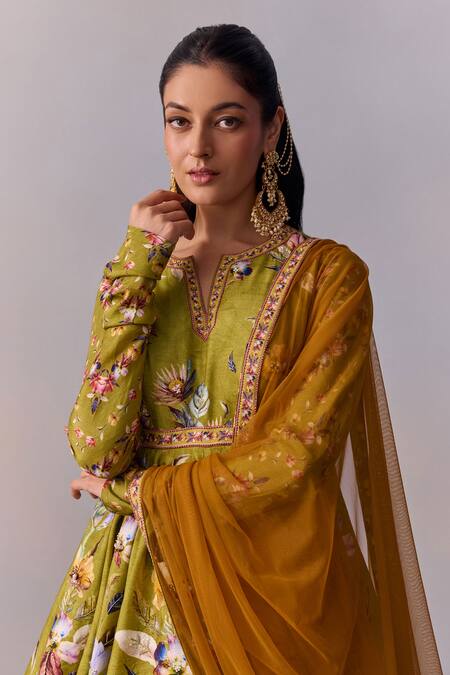 Shop_Kalista_Green Tulle, Viscose Cut Work, Beads Taisha Gulbahar Vine Print Lehenga Set _Online_at_Aza_Fashions