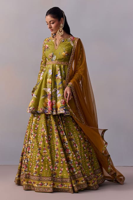 Kalista_Green Tulle, Viscose Cut Work, Beads Taisha Gulbahar Vine Print Lehenga Set _at_Aza_Fashions