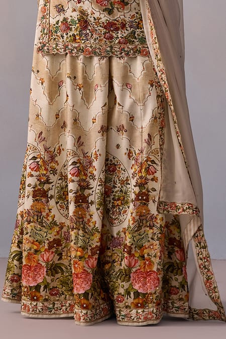 Kalista_Ivory Organza, Viscose Embroidery Rabia Mughal Bagh Print Kurta Sharara Set _Online_at_Aza_Fashions