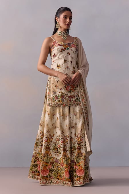 Buy_Kalista_Ivory Organza, Viscose Embroidery Rabia Mughal Bagh Print Kurta Sharara Set _Online_at_Aza_Fashions