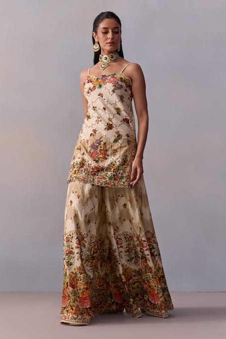 Shop_Kalista_Ivory Organza, Viscose Embroidery Rabia Mughal Bagh Print Kurta Sharara Set _Online_at_Aza_Fashions