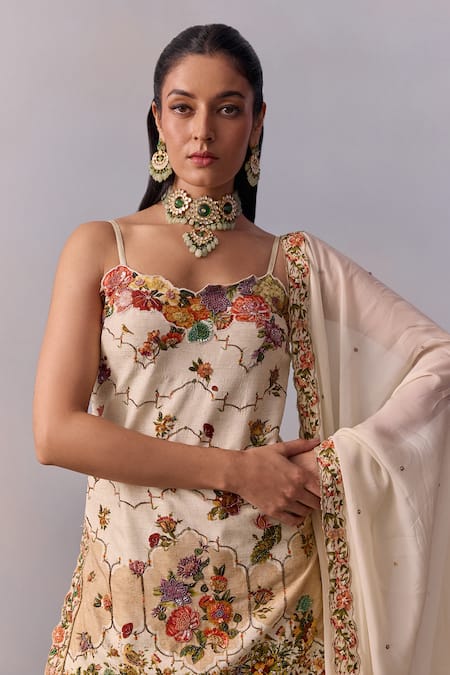 Kalista_Ivory Organza, Viscose Embroidery Rabia Mughal Bagh Print Kurta Sharara Set _at_Aza_Fashions