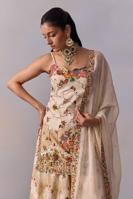 Buy_Kalista_Ivory Organza, Viscose Embroidery Rabia Mughal Bagh Print Kurta Sharara Set 