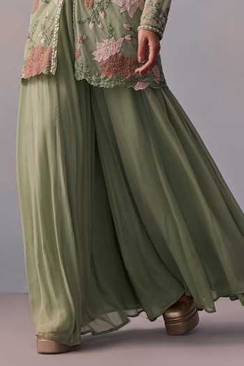 Kalista Green Georgette, Viscose Sequins, Applique, Fidah Floral Jacket Sharara Set Online at Aza Fashions Kalista_Green Georgette, Viscose Sequins, Applique, Fidah Floral Jacket Sharara Set _Online_at_Aza_Fashions
