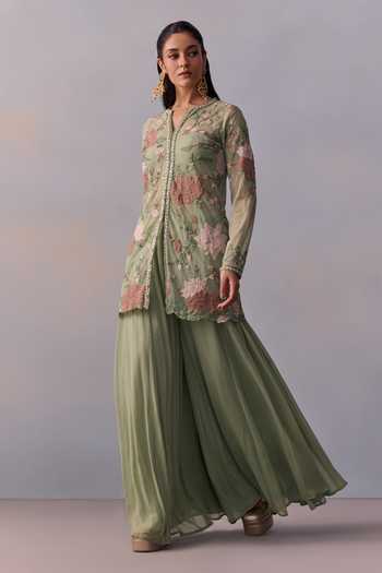 Buy Kalista Green Georgette, Viscose Sequins, Applique, Fidah Floral Jacket Sharara Set Online at Aza Fashions Buy_Kalista_Green Georgette, Viscose Sequins, Applique, Fidah Floral Jacket Sharara Set _Online_at_Aza_Fashions