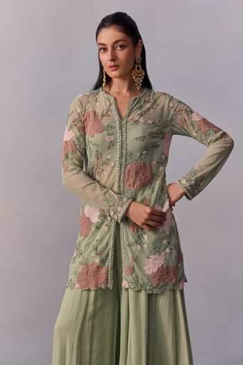 Shop Kalista Green Georgette, Viscose Sequins, Applique, Fidah Floral Jacket Sharara Set Online at Aza Fashions Shop_Kalista_Green Georgette, Viscose Sequins, Applique, Fidah Floral Jacket Sharara Set _Online_at_Aza_Fashions
