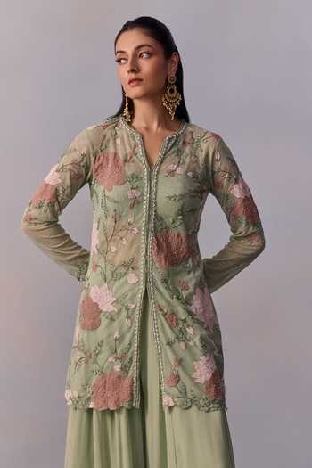 Kalista Green Georgette, Viscose Sequins, Applique, Fidah Floral Jacket Sharara Set at Aza Fashions Kalista_Green Georgette, Viscose Sequins, Applique, Fidah Floral Jacket Sharara Set _at_Aza_Fashions