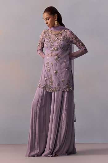 Buy Kalista Purple Viscose, Georgette, Tulle Fidah Floral Vine Kurta Sharara Set Online at Aza Fashions Buy_Kalista_Purple Viscose, Georgette, Tulle Fidah Floral Vine Kurta Sharara Set _Online_at_Aza_Fashions