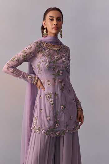 Shop Kalista Purple Viscose, Georgette, Tulle Fidah Floral Vine Kurta Sharara Set Online at Aza Fashions Shop_Kalista_Purple Viscose, Georgette, Tulle Fidah Floral Vine Kurta Sharara Set _Online_at_Aza_Fashions