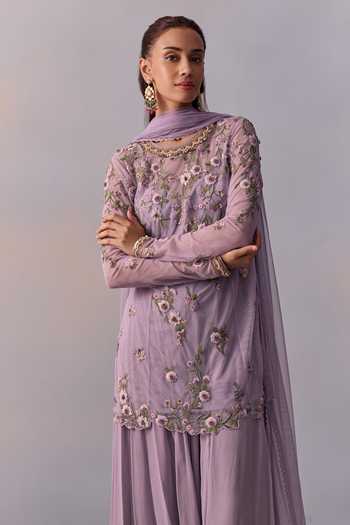 Kalista Purple Viscose, Georgette, Tulle Fidah Floral Vine Kurta Sharara Set at Aza Fashions Kalista_Purple Viscose, Georgette, Tulle Fidah Floral Vine Kurta Sharara Set _at_Aza_Fashions