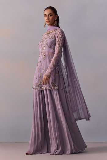 Buy Kalista Purple Viscose, Georgette, Tulle Fidah Floral Vine Kurta Sharara Set Buy_Kalista_Purple Viscose, Georgette, Tulle Fidah Floral Vine Kurta Sharara Set