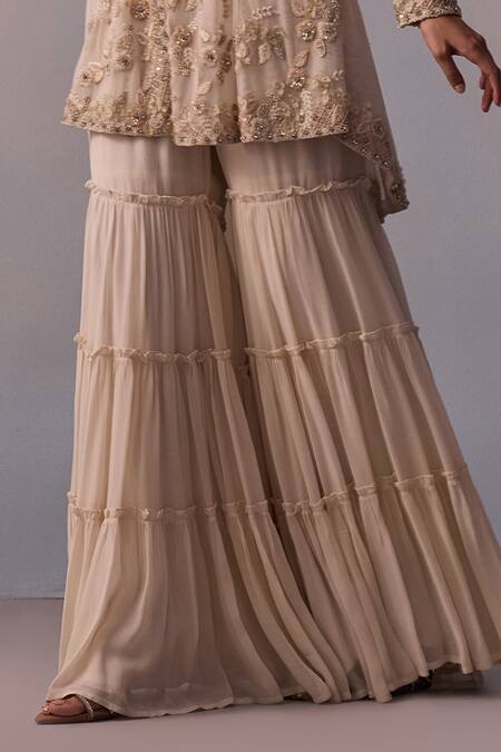 Kalista Off White Tulle, Viscose, Mariam Embroidered High-low Cape Tiered Sharara Set Online at Aza Fashions Kalista_Off White Tulle, Viscose, Mariam Embroidered High-low Cape Tiered Sharara Set _Online_at_Aza_Fashions