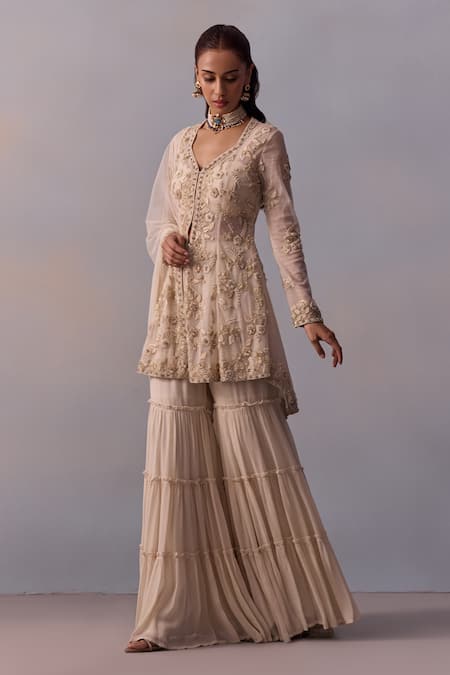 Buy Kalista Off White Tulle, Viscose, Mariam Embroidered High-low Cape Tiered Sharara Set Online at Aza Fashions Buy_Kalista_Off White Tulle, Viscose, Mariam Embroidered High-low Cape Tiered Sharara Set _Online_at_Aza_Fashions