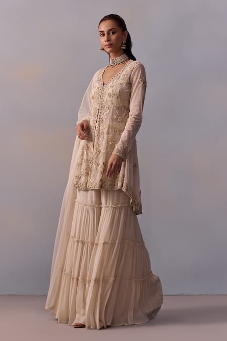 Shop Kalista Off White Tulle, Viscose, Mariam Embroidered High-low Cape Tiered Sharara Set Online at Aza Fashions Shop_Kalista_Off White Tulle, Viscose, Mariam Embroidered High-low Cape Tiered Sharara Set _Online_at_Aza_Fashions