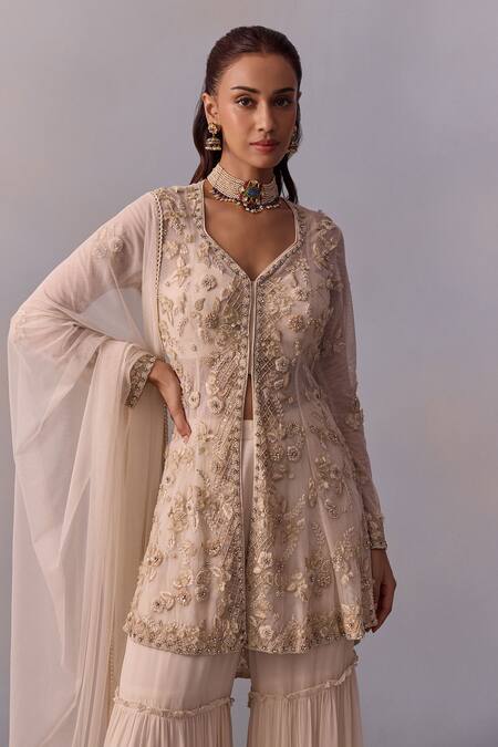 Kalista Off White Tulle, Viscose, Mariam Embroidered High-low Cape Tiered Sharara Set at Aza Fashions Kalista_Off White Tulle, Viscose, Mariam Embroidered High-low Cape Tiered Sharara Set _at_Aza_Fashions