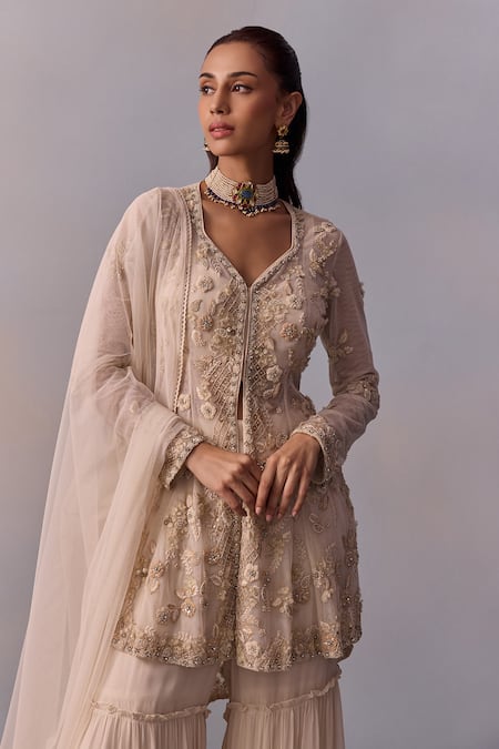 Shop Kalista Off White Tulle, Viscose, Mariam Embroidered High-low Cape Tiered Sharara Set Shop_Kalista_Off White Tulle, Viscose, Mariam Embroidered High-low Cape Tiered Sharara Set