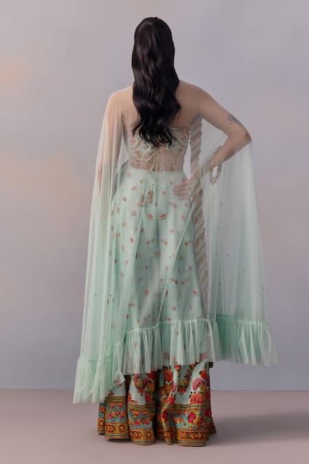 Shop Kalista Blue Viscose, Silk, Tulle Beads, Crystals Meher Sheer Cape Printed Sharara Set at Aza Fashions Shop_Kalista_Blue Viscose, Silk, Tulle Beads, Crystals Meher Sheer Cape Printed Sharara Set _at_Aza_Fashions