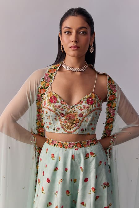 Shop Kalista Blue Viscose, Silk, Tulle Beads, Crystals Meher Sheer Cape Printed Sharara Set Online at Aza Fashions Shop_Kalista_Blue Viscose, Silk, Tulle Beads, Crystals Meher Sheer Cape Printed Sharara Set _Online_at_Aza_Fashions