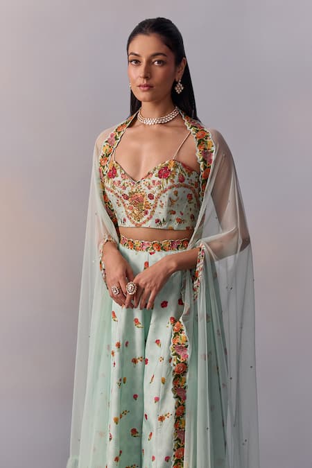 Kalista Blue Viscose, Silk, Tulle Beads, Crystals Meher Sheer Cape Printed Sharara Set at Aza Fashions Kalista_Blue Viscose, Silk, Tulle Beads, Crystals Meher Sheer Cape Printed Sharara Set _at_Aza_Fashions