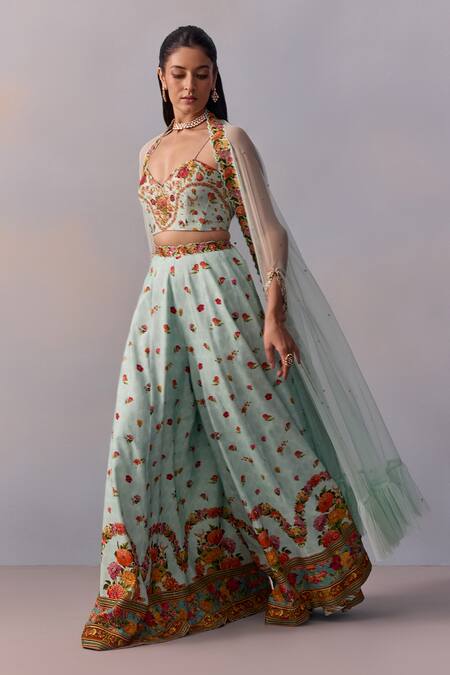 Buy Kalista Blue Viscose, Silk, Tulle Beads, Crystals Meher Sheer Cape Printed Sharara Set Buy_Kalista_Blue Viscose, Silk, Tulle Beads, Crystals Meher Sheer Cape Printed Sharara Set