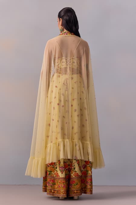 Shop Kalista Yellow Viscose, Silk Beads, Crystals Meher Sheer Frill Cape Printed Sharara Set at Aza Fashions Shop_Kalista_Yellow Viscose, Silk Beads, Crystals Meher Sheer Frill Cape Printed Sharara Set _at_Aza_Fashions