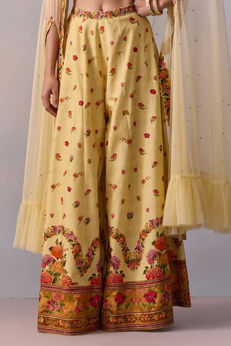 Kalista Yellow Viscose, Silk Beads, Crystals Meher Sheer Frill Cape Printed Sharara Set Online at Aza Fashions Kalista_Yellow Viscose, Silk Beads, Crystals Meher Sheer Frill Cape Printed Sharara Set _Online_at_Aza_Fashions