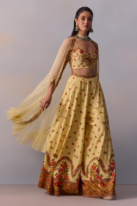 Buy Kalista Yellow Viscose, Silk Beads, Crystals Meher Sheer Frill Cape Printed Sharara Set Online at Aza Fashions Buy_Kalista_Yellow Viscose, Silk Beads, Crystals Meher Sheer Frill Cape Printed Sharara Set _Online_at_Aza_Fashions