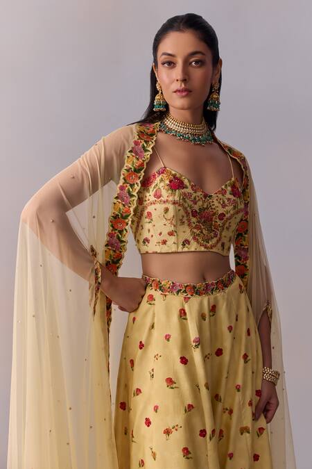 Shop Kalista Yellow Viscose, Silk Beads, Crystals Meher Sheer Frill Cape Printed Sharara Set Online at Aza Fashions Shop_Kalista_Yellow Viscose, Silk Beads, Crystals Meher Sheer Frill Cape Printed Sharara Set _Online_at_Aza_Fashions