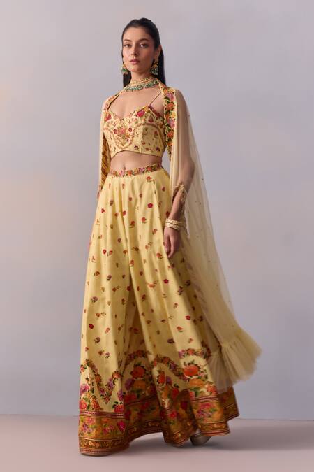 Kalista Yellow Viscose, Silk Beads, Crystals Meher Sheer Frill Cape Printed Sharara Set at Aza Fashions Kalista_Yellow Viscose, Silk Beads, Crystals Meher Sheer Frill Cape Printed Sharara Set _at_Aza_Fashions