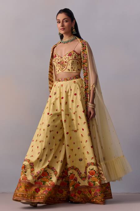 Buy Kalista Yellow Viscose, Silk Beads, Crystals Meher Sheer Frill Cape Printed Sharara Set Buy_Kalista_Yellow Viscose, Silk Beads, Crystals Meher Sheer Frill Cape Printed Sharara Set