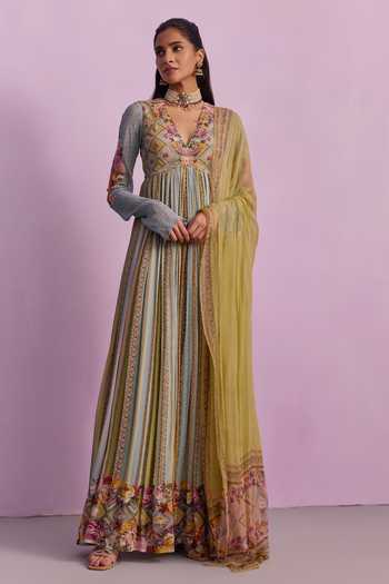 Kalista_Multi Color Viscose, Georgette Riah Floral Geometric Print Anarkali With Dupatta _Online_at_Aza_Fashions