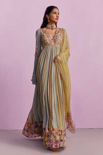 Buy_Kalista_Multi Color Viscose, Georgette Riah Floral Geometric Print Anarkali With Dupatta _Online_at_Aza_Fashions