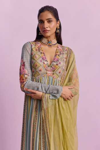 Shop_Kalista_Multi Color Viscose, Georgette Riah Floral Geometric Print Anarkali With Dupatta _Online_at_Aza_Fashions
