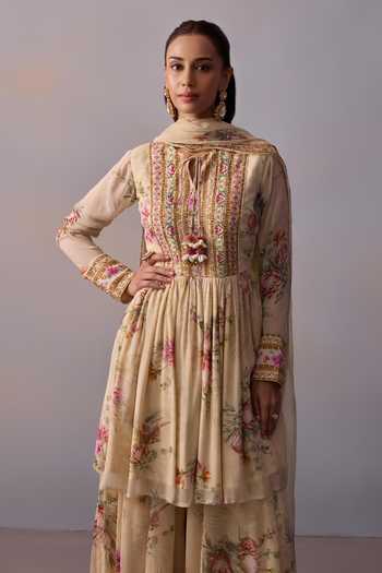 Kalista Off White Viscose, Georgette Ayesha Floral Blossom Print Anarkali Sharara Set Online at Aza Fashions Kalista_Off White Viscose, Georgette Ayesha Floral Blossom Print Anarkali Sharara Set _Online_at_Aza_Fashions