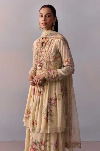 Shop Kalista Off White Viscose, Georgette Ayesha Floral Blossom Print Anarkali Sharara Set Online at Aza Fashions Shop_Kalista_Off White Viscose, Georgette Ayesha Floral Blossom Print Anarkali Sharara Set _Online_at_Aza_Fashions