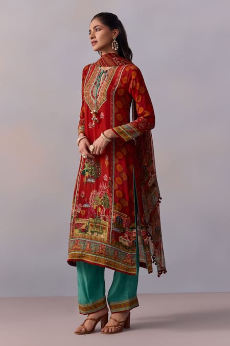 Kalista_Red Viscose, Georgette Embroidery, Beads Siah Scenic Mughal Print Kurta Pant Set _Online_at_Aza_Fashions