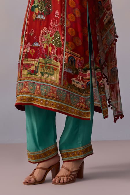 Buy_Kalista_Red Viscose, Georgette Embroidery, Beads Siah Scenic Mughal Print Kurta Pant Set _Online_at_Aza_Fashions