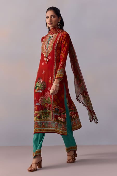 Shop_Kalista_Red Viscose, Georgette Embroidery, Beads Siah Scenic Mughal Print Kurta Pant Set _Online_at_Aza_Fashions