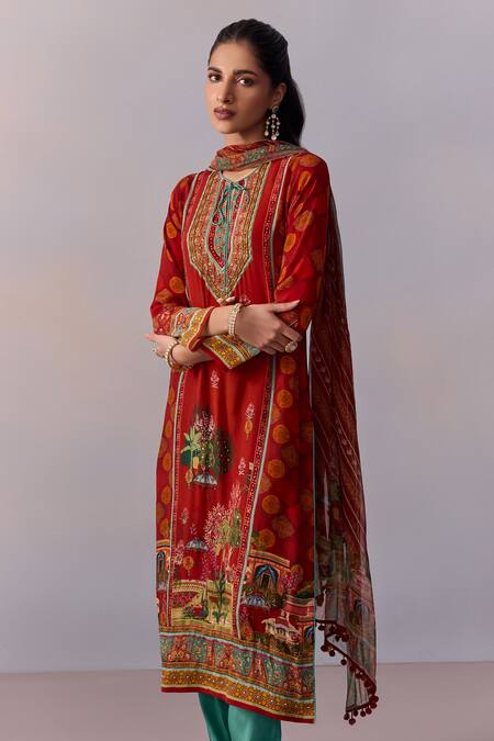 Buy_Kalista_Red Viscose, Georgette Embroidery, Beads Siah Scenic Mughal Print Kurta Pant Set 