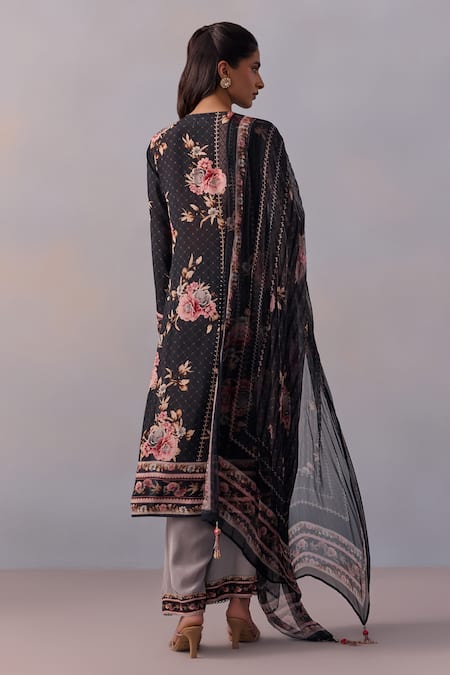 Shop Kalista Black Viscose, Crepe Beads, Embroidery Round Sarah Daisy Print Kurta Pant Set at Aza Fashions Shop_Kalista_Black Viscose, Crepe Beads, Embroidery Round Sarah Daisy Print Kurta Pant Set _at_Aza_Fashions