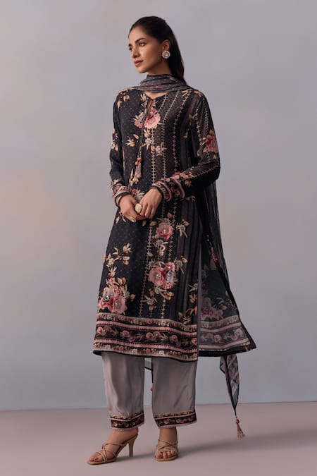 Kalista Black Viscose, Crepe Beads, Embroidery Round Sarah Daisy Print Kurta Pant Set Online at Aza Fashions Kalista_Black Viscose, Crepe Beads, Embroidery Round Sarah Daisy Print Kurta Pant Set _Online_at_Aza_Fashions
