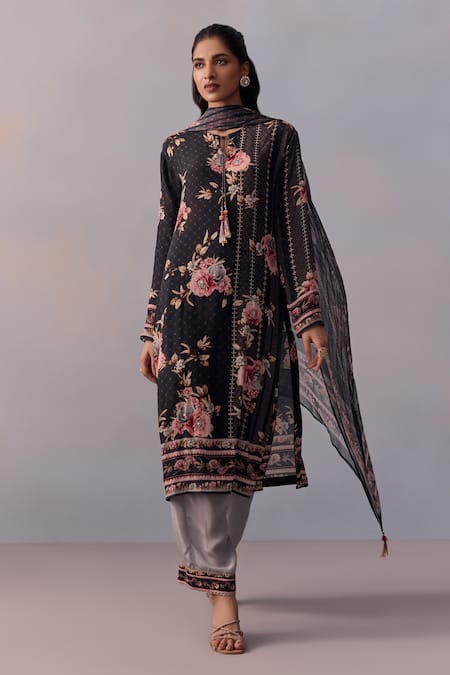 Shop Kalista Black Viscose, Crepe Beads, Embroidery Round Sarah Daisy Print Kurta Pant Set Online at Aza Fashions Shop_Kalista_Black Viscose, Crepe Beads, Embroidery Round Sarah Daisy Print Kurta Pant Set _Online_at_Aza_Fashions