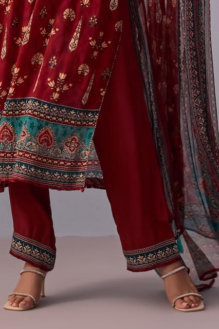 Buy_Kalista_Maroon Viscose, Georgette Beads, Reham Mughal Blossom Print Kurta Pant Set _Online_at_Aza_Fashions