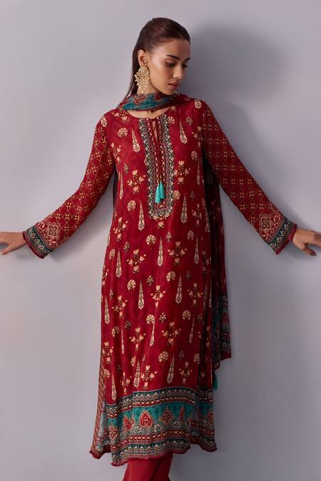 Shop_Kalista_Maroon Viscose, Georgette Beads, Reham Mughal Blossom Print Kurta Pant Set _Online_at_Aza_Fashions