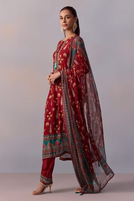 Kalista_Maroon Viscose, Georgette Beads, Reham Mughal Blossom Print Kurta Pant Set _at_Aza_Fashions