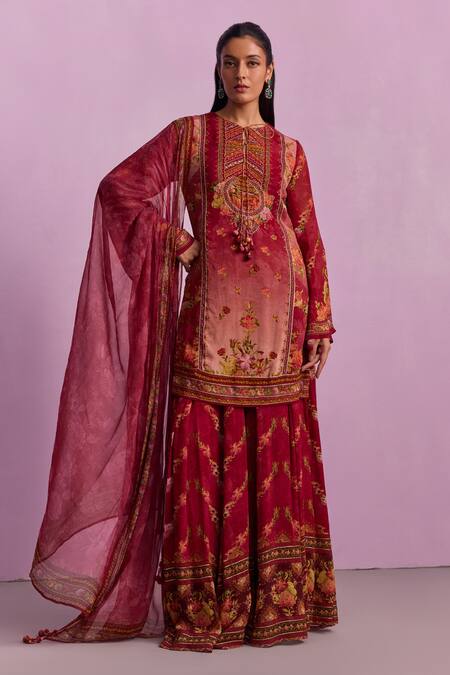 Buy Kalista Red Viscose, Georgette Sequins, Beads Anaisha Garden Print Kurta Sharara Set Online at Aza Fashions Buy_Kalista_Red Viscose, Georgette Sequins, Beads Anaisha Garden Print Kurta Sharara Set _Online_at_Aza_Fashions
